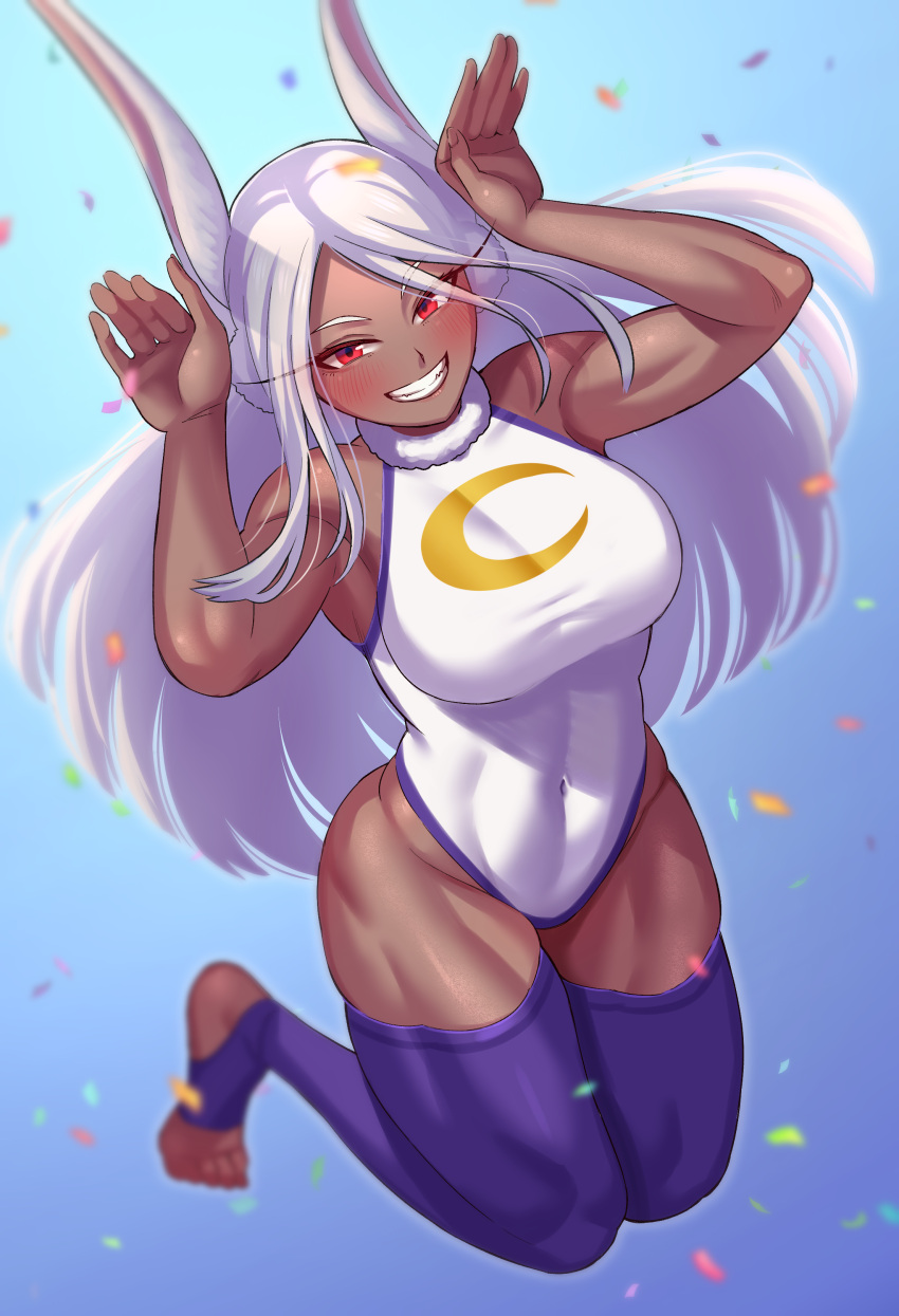 1girl absurdres animal_ear_fluff animal_ears aqua_background armpits arms_up bangs biceps blue_background blurry blurry_background boku_no_hero_academia bunny_pose confetti crescent_print dark-skinned_female dark_skin full_body fur-trimmed_collar gradient gradient_background heel-less_legwear highleg highleg_leotard highres impossible_clothes impossible_leotard leotard lips long_eyelashes long_hair looking_at_viewer mirko muscular muscular_female navel parted_bangs purple_legwear rabbit_ears rabbit_girl rabbit_tail shiny shiny_hair shiny_skin sidelighting smile solo superhero tail taut_leotard thick_thighs thighhighs thighs toeless_legwear toes toin_(koto54576897) toned very_long_hair white_hair white_leotard wide_hips