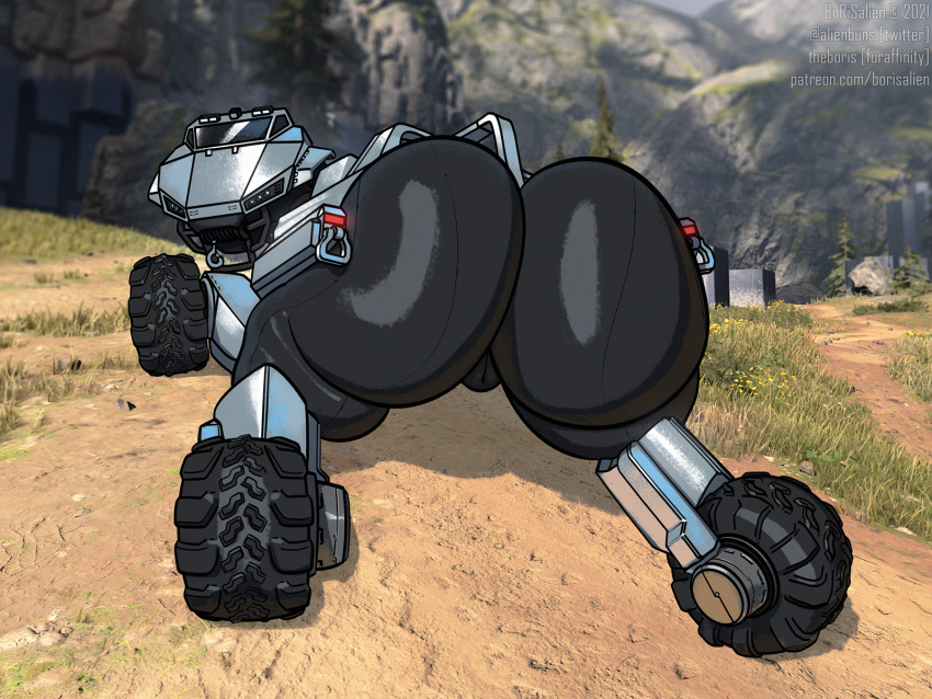 all_fours big_butt borisalien bottomless butt clothed clothing female genitals halo_(series) hi_res huge_butt humanoid living_machine living_vehicle looking_back machine microsoft multicolored_body pussy solo vehicle video_games wheel xbox_game_studios