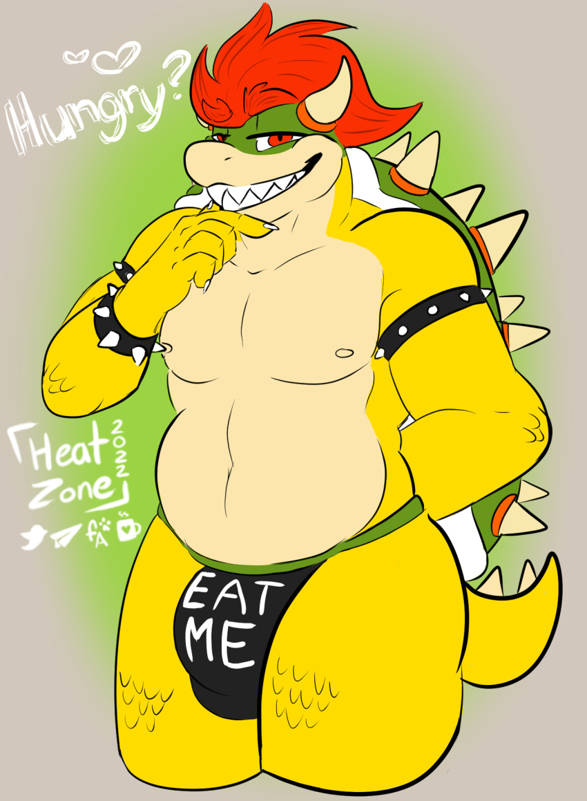 2022 anthro bowser bulge clothing heatzone hi_res jewelry jockstrap looking_at_viewer male mario_bros nintendo nipples open_mouth red_eyes smile solo suggestive underwear video_games