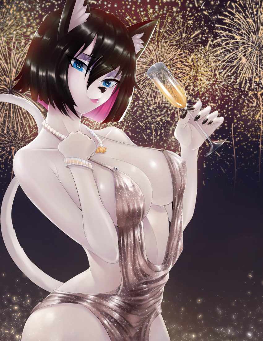 absurd_res anthro breasts clothed clothing dress female fireworks glass happy hi_res holidays new_year pinup pose solo sparkittyart