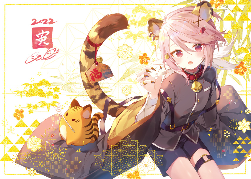 1other 2022 ambiguous_gender animal_ears bell collar creature fingernails happy_new_year ibara_riato long_fingernails long_sleeves neck_bell new_year o-ring original pink_eyes pink_hair shorts tail thigh_strap tiger_ears tiger_girl tiger_tail wide_sleeves