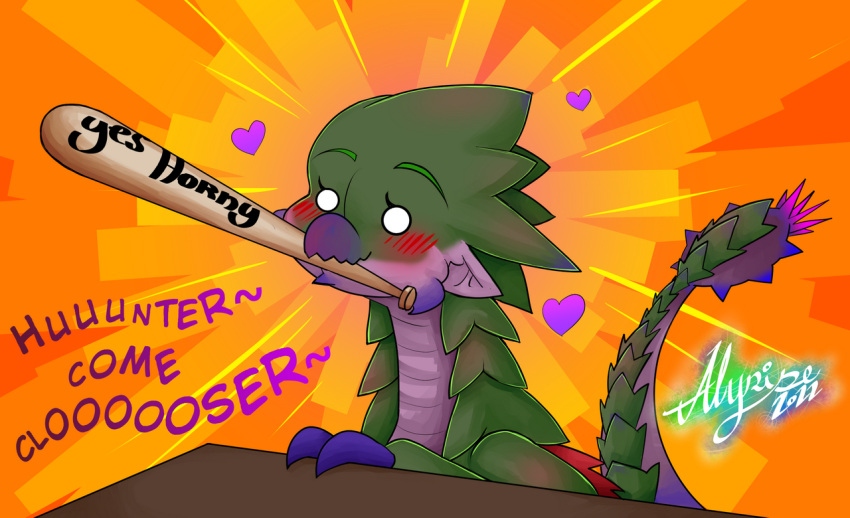 &lt;3 2022 alyrise anthro baseball_bat bat_(object) blush capcom cute_eyes dialogue_box dragon dreadqueen_rathian eyebrows female feral flying_wyvern green_body green_scales headshot_portrait humanoid_pointy_ears mammal monster_hunter object_in_mouth open_mouth open_smile parody portrait purple_body rath_wyvern rathian reaction_image reptile scales scalie smile solo spikes spikes_(anatomy) text video_games
