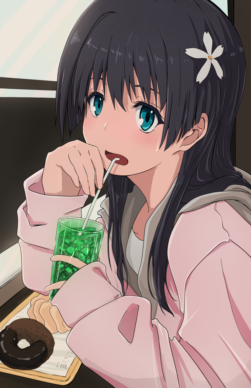 1girl absurdres bangs black_hair blue_eyes blush cardigan cup doughnut drinking_straw flower food hair_between_eyes hair_flower hair_ornament highres holding holding_cup hood hood_down hooded_cardigan long_hair long_sleeves musaki_(msaki666) open_mouth pink_cardigan saten_ruiko shiny shiny_hair sleeves_past_fingers sleeves_past_wrists solo straight_hair sweatdrop toaru_kagaku_no_railgun toaru_majutsu_no_index upper_body white_flower