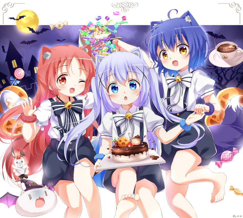 3girls :d :o animal_ear_fluff animal_ears barefoot black_shorts blue_hair blush bow bowtie cake cat_ears chimame-tai food gochuumon_wa_usagi_desu_ka? halloween highres jack-o'-lantern jouga_maya kafuu_chino light_purple_hair looking_at_viewer multiple_girls natsu_megumi open_mouth painter-lhb puffy_shorts red_hair shirt short_sleeves shorts smile suspender_shorts suspenders white_shirt