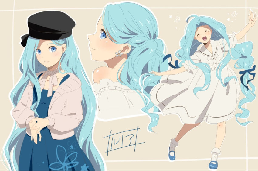 3girls :d ^_^ ahoge black_headwear blue_bow blue_dress blue_footwear blue_hair blush bow braid cardigan closed_eyes closed_mouth dress earrings floating_hair frilled_legwear granblue_fantasy hair_bow hair_intakes hat jewelry long_hair long_sleeves looking_at_viewer lyria_(granblue_fantasy) mary_janes medium_dress multiple_girls neck_ribbon open_cardigan open_clothes open_mouth outstretched_arms pinafore_dress pochi-a profile ribbon sailor_collar sailor_dress shiny shiny_hair shoes short_sleeves sketch smile socks twin_braids very_long_hair white_cardigan white_dress white_legwear white_ribbon white_sailor_collar