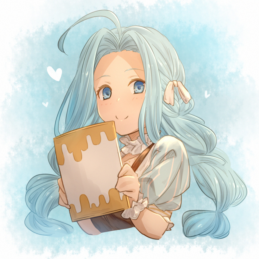 1girl ahoge blue_eyes blue_hair braid c: closed_mouth cropped_torso granblue_fantasy hair_intakes hair_ribbon highres holding long_hair looking_at_viewer lyria_(granblue_fantasy) pochi-a ribbon shiny shiny_hair short_sleeves smile solo striped striped_sleeves upper_body vertical_stripes very_long_hair white_ribbon