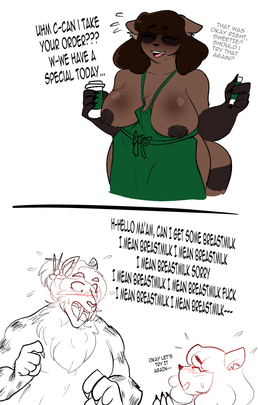 absurd_res anthro apron apron_only big_breasts breasts canid canine chubby_female clothing coffee_cup container cup dialogue duo embarrassed english_text exposed exposed_breasts felid female hi_res humor machairodontine male male/female mammal meme mostly_nude muscular muscular_male pinkie_peaches raccoon_dog slightly_chubby starbucks_meme stuttering susaroo tanuki text wardrobe_malfunction