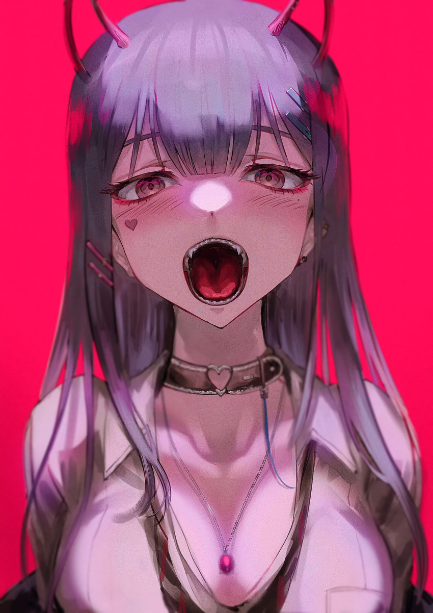 1girl absurdres akuma_nihmune breasts choker cleavage commission demon_girl demon_horns ear_piercing earrings heart highres horns indie_virtual_youtuber jewelry leash loose_clothes loose_necktie loose_shirt necklace necktie open_mouth piercing pink_background purple_hair red_eyes rin_(rin7kan7) second-party_source sharp_teeth shirt teeth tongue