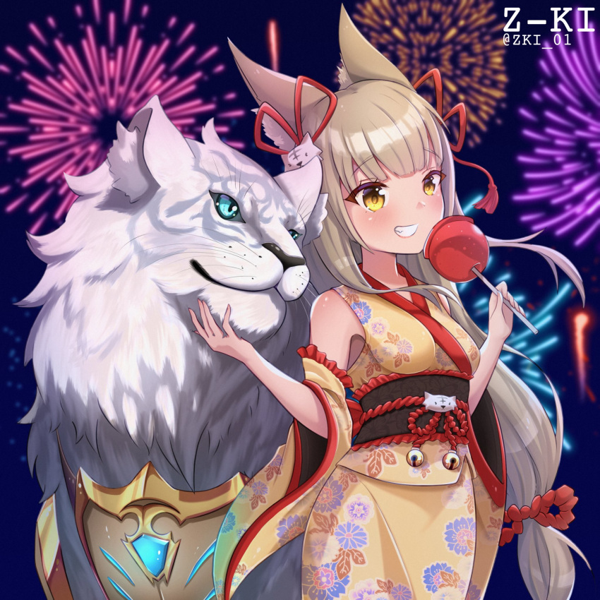 1boy 1girl alternate_costume animal_ears bangs blunt_bangs breasts cat_ears dromarch_(xenoblade) highres japanese_clothes kimono long_hair nia_(blade)_(xenoblade) nia_(xenoblade) short_hair silver_hair small_breasts very_long_hair xenoblade_chronicles_(series) xenoblade_chronicles_2 yellow_eyes z-ki