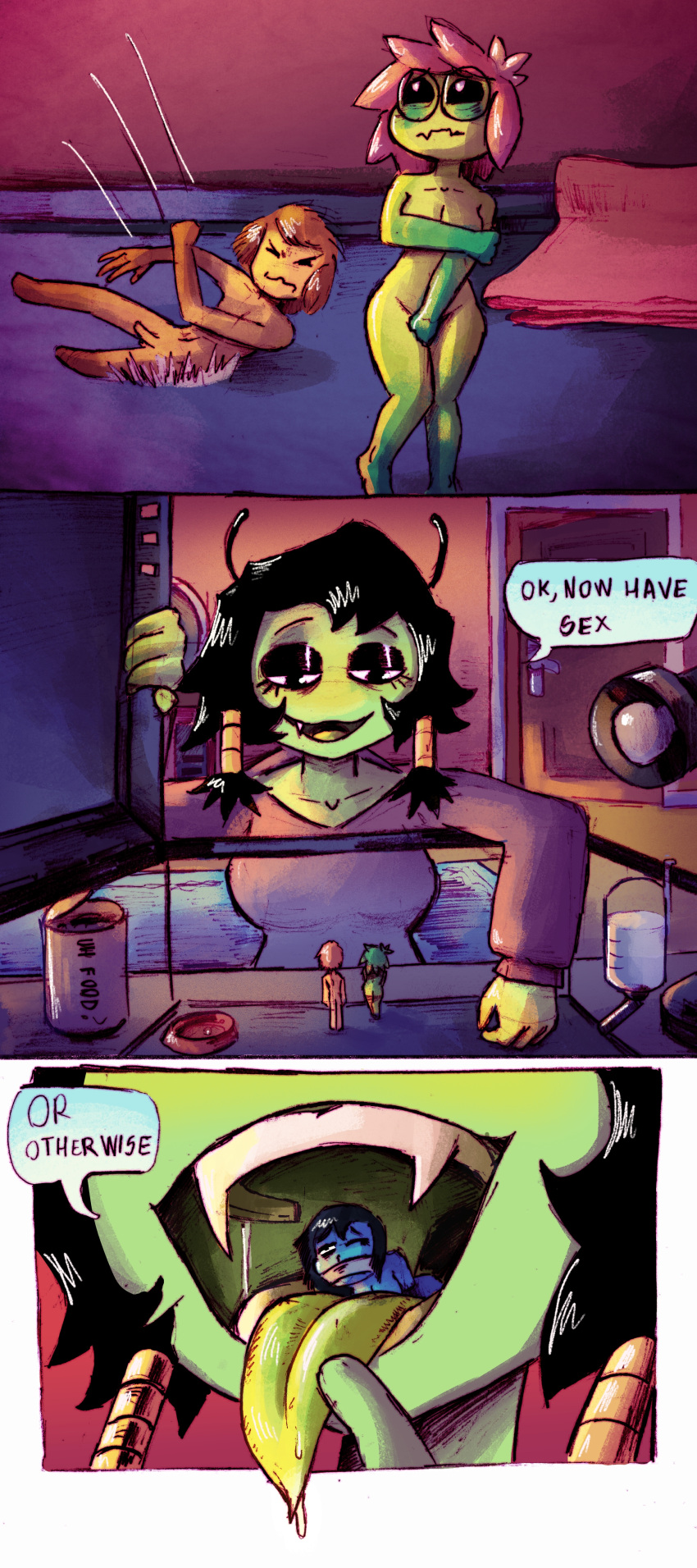 absurd_res bedroom_eyes black_hair clothing comic dialogue elemental_creature elemental_humanoid embarrassed english_text flora_fauna hair hi_res hoodie humanoid mouth_shot narrowed_eyes nude open_mouth plant plant_humanoid puapka seductive sharp_teeth size_difference taunting teeth text topwear vore