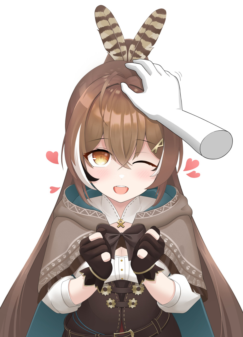 1girl absurdres ahoge bangs belt brown_eyes brown_hair cape capelet cloak corset feathers fingerless_gloves gloves hair_ornament headpat heart hieroglyphics highres hololive hololive_english nanashi_mumei okada one_eye_closed ribbon shirt smile virtual_youtuber white_shirt