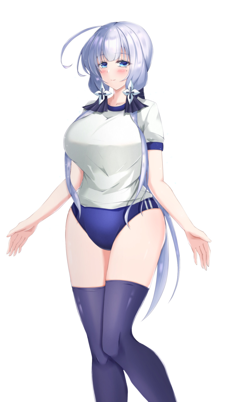 1girl azur_lane black_legwear blue_buruma blue_eyes blush breasts buruma cela_f cowboy_shot eyebrows_visible_through_hair gym_shirt gym_uniform hair_between_eyes hallway highres huge_breasts illustrious_(azur_lane) indoors large_breasts looking_at_viewer mole mole_under_eye shirt short_sleeves simple_background solo tri_tails white_background white_hair window