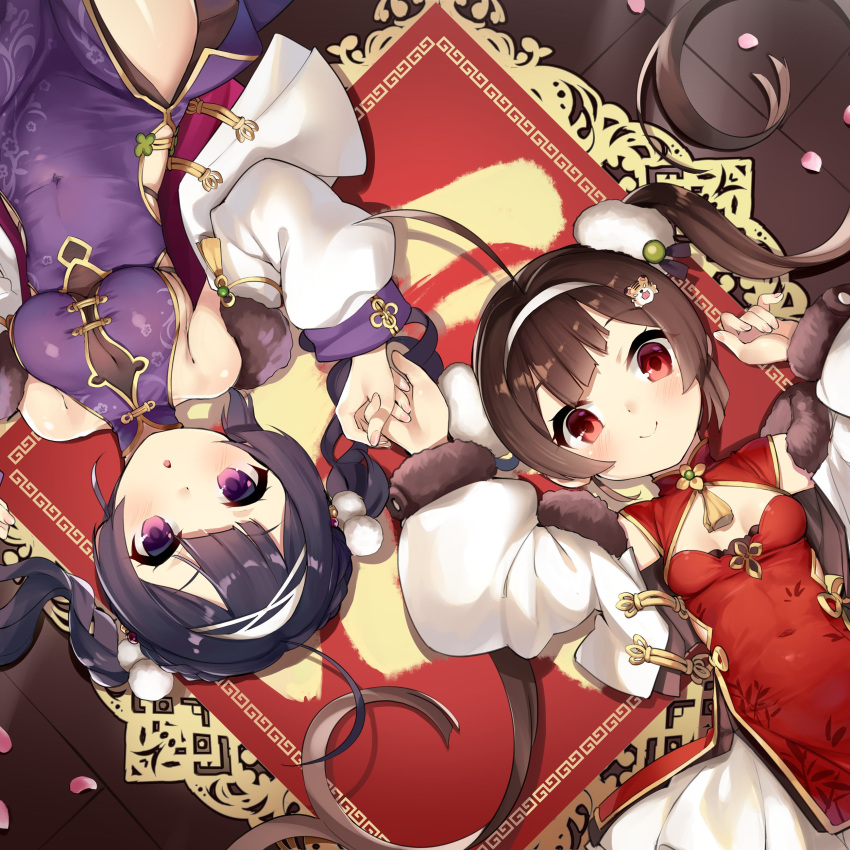 2girls absurdres azur_lane blush breasts brown_hair carpet chinese_clothes commentary_request hair_between_eyes hair_bun headband highres kaede_(yumesaki_kaede) long_hair medium_breasts multiple_girls ning_hai_(azur_lane) petals ping_hai_(azur_lane) purple_eyes red_eyes siblings small_breasts smile