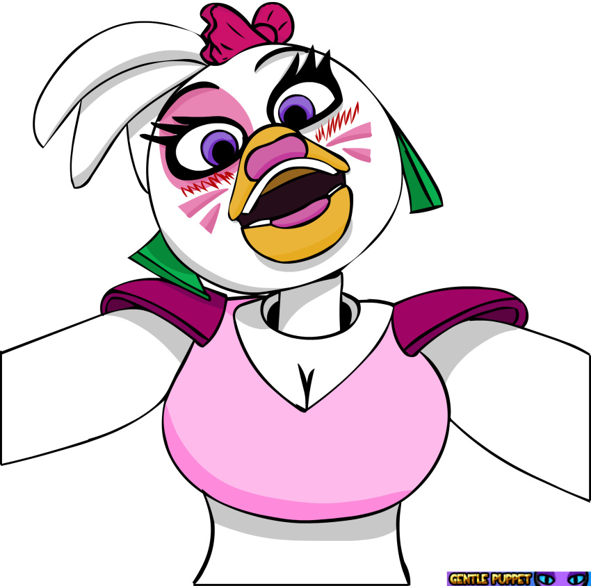 2022 accessory alpha_channel animatronic anthro avian beak bird blush blush_lines breasts chicken cleavage clothed clothing ear_piercing female five_nights_at_freddy's five_nights_at_freddy's:_security_breach galliform gallus_(genus) gentle_puppet glamrock_chica_(fnaf) hair_accessory hair_bow hair_ribbon hi_res humanoid lipstick looking_at_viewer machine makeup open_mouth phasianid piercing purple_eyes ribbons robot scottgames simple_background smile solo teeth toothed_beak transparent_background video_games watermark
