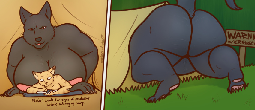 anthro big_breasts big_butt breasts butt canid canine canis cleavage clothed clothing english_text female hi_res huge_breasts huge_butt larger_female male mammal oystercatcher7 raised_tail reading size_difference smaller_male tent text thick_thighs wolf