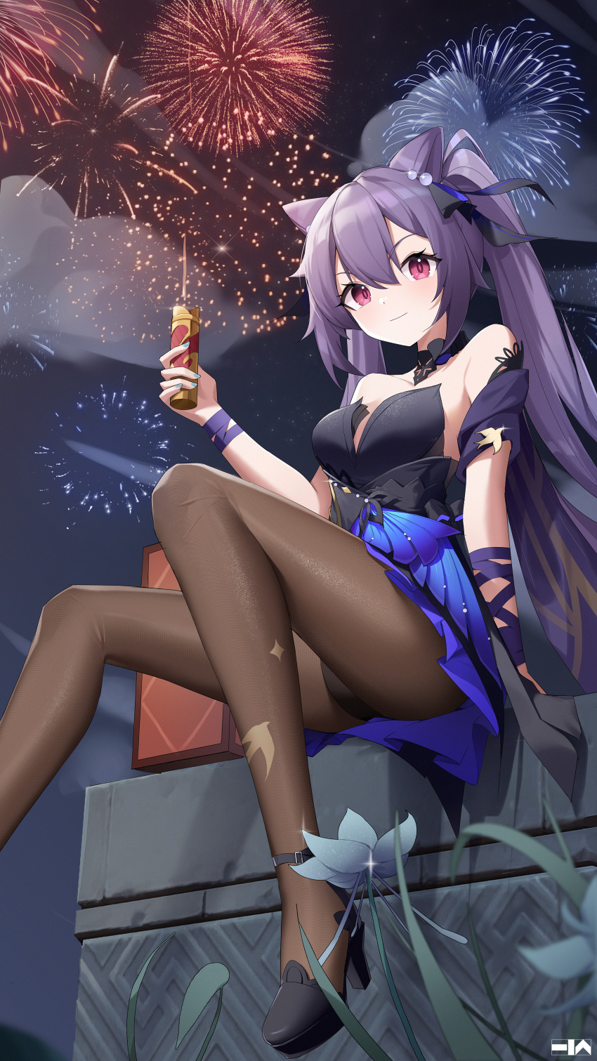 1girl absurdres bare_shoulders black_legwear double_bun dress enoch_(enoch1368) firecrackers fireworks full_body genshin_impact high_heels highres keqing_(genshin_impact) keqing_(opulent_splendor)_(genshin_impact) night night_sky purple_eyes purple_hair sitting sky smile twintails