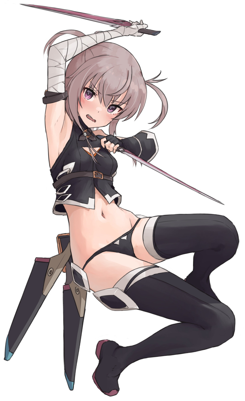 1girl absurdres arm_up armpits bandaged_arm bandages bangs bare_shoulders black_footwear black_gloves black_legwear black_panties black_shirt boots breasts brown_hair cosplay crop_top dagger dual_wielding eyebrows_visible_through_hair fate/apocrypha fate_(series) fingerless_gloves full_body gloves hair_between_eyes highres holding holding_dagger holding_weapon jack_the_ripper_(fate/apocrypha) jack_the_ripper_(fate/apocrypha)_(cosplay) knife kopaka_(karda_nui) looking_at_viewer navel panties parted_lips purple_eyes sheath shichinosato_kofuki shirt simple_background single_glove sleeveless sleeveless_shirt small_breasts solo thigh_boots thighhighs toji_no_miko twintails underwear unsheathed wavy_mouth weapon white_background