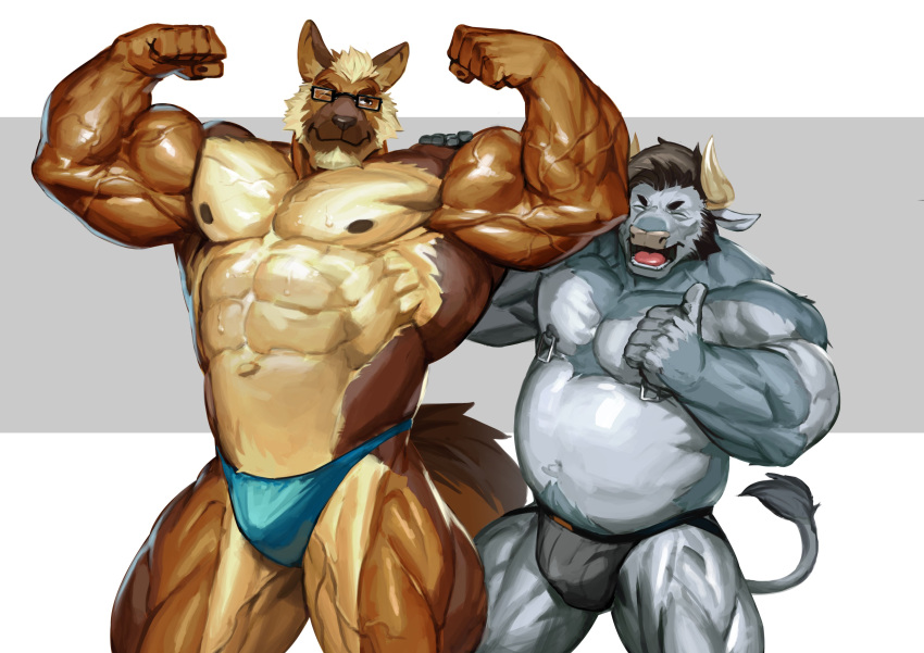 2022 5_fingers abs absurd_res anthro barazoku beard belly biceps big_muscles black_hair black_nipples blonde_hair border bovid bovine brown_eyes brown_nipples bulge canid canine canis cattle clothed clothing domestic_dog duo eyebrows eyes_closed eyewear facial_hair fingers flexing fur german_shepherd gesture glasses grey_background hair herding_dog hi_res horn huge_muscles humanoid_hands jockstrap male mammal musclegut muscular muscular_anthro muscular_male navel nipple_piercing nipple_ring nipples obliques one_eye_closed open_mouth open_smile pastoral_dog pecs piercing quads simple_background smile teeth thong thumbs_up tongue topless traver009 tuft underwear vein veiny_muscles white_border wink