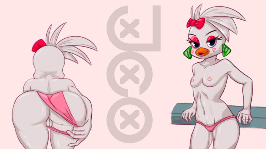 16:9 anthro avian bent_over bird breasts butt clothed clothing clothing_aside eyshadow female five_nights_at_freddy's five_nights_at_freddy's:_security_breach genitals glamrock_chica_(fnaf) hi_res jaycoxxx makeup multiple_poses panties panties_aside panties_only pose pussy rear_view scottgames small_breasts solo topless underwear underwear_aside underwear_only video_games widescreen