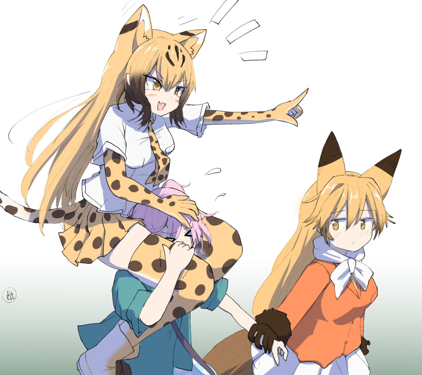 3girls animal_ears blonde_hair blush bow bowtie brown_hair carrying cheetah_(kemono_friends) cheetah_ears cheetah_girl cheetah_print cheetah_tail collared_shirt commentary_request elbow_gloves extra_ears eyebrows_visible_through_hair ezo_red_fox_(kemono_friends) fang fox_ears fox_girl fox_tail gloves green_jacket highres holding_another's_wrist jacket karekusa_meronu kemono_friends long_hair looking_at_another multicolored_hair multiple_girls nana_(kemono_friends) necktie open_mouth orange_eyes orange_jacket piggyback pink_hair pleated_skirt pointing print_gloves print_legwear print_necktie print_skirt shirt short_hair short_sleeves side_ponytail sidelocks skirt tail thighhighs white_bow white_bowtie white_shirt white_skirt yellow_eyes zettai_ryouiki
