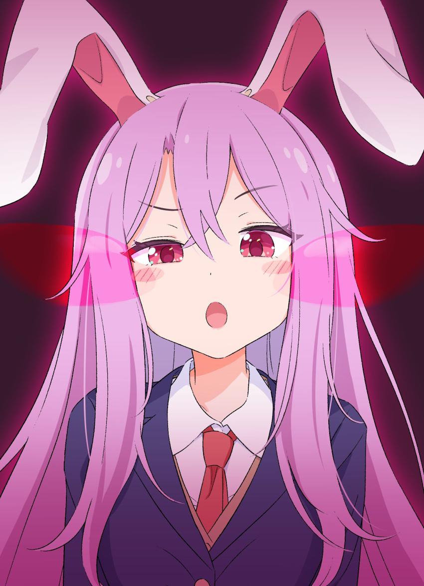 1girl animal_ears arms_at_sides bangs black_jacket blazer blush_stickers buttons collared_shirt commentary glowing glowing_eyes haruki_reimari highres jacket long_hair looking_at_viewer necktie notice_lines open_mouth outline purple_hair rabbit_ears raised_eyebrows red_eyes red_necktie reisen_udongein_inaba shirt simple_background solo suit_jacket touhou uneven_eyes upper_body white_outline white_shirt
