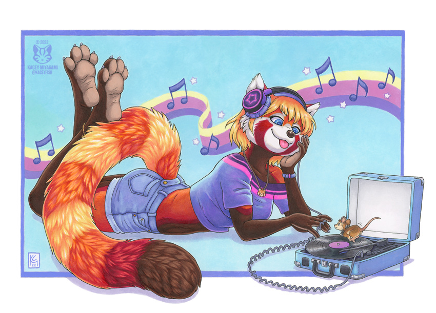 ailurid anthro bottomwear clothing female feral headphones kacey mammal meiying mouse murid murine musical_note pawpads record_player red_panda rodent shirt shorts solo tongue tongue_out topwear traditional_media_(artwork) vinyl_record