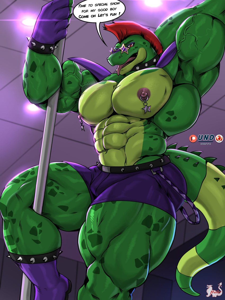 2022 abs absurd_res alligator alligatorid anthro belt biceps big_muscles boots bottomwear bracelet bulge clothing crocodilian dancing dialogue english_text eyebrows eyewear facial_markings fingerless_gloves five_nights_at_freddy's five_nights_at_freddy's:_security_breach footwear gloves hair handwear head_markings hi_res hotpants huge_muscles huge_thighs inside jewelry legband looking_at_viewer male markings masterelrest mohawk montgomery_gator_(fnaf) muscular muscular_anthro muscular_male navel nipple_piercing nipple_ring nipples non-mammal_nipples obliques open_mouth open_smile pecs piercing pole pole_dancing quads reptile scalie scottgames shorts smile solo spiked_belt spiked_bracelet spiked_legband spikes stripper_pole sunglasses talking_to_viewer text thick_thighs tongue tongue_out vein veiny_muscles video_games