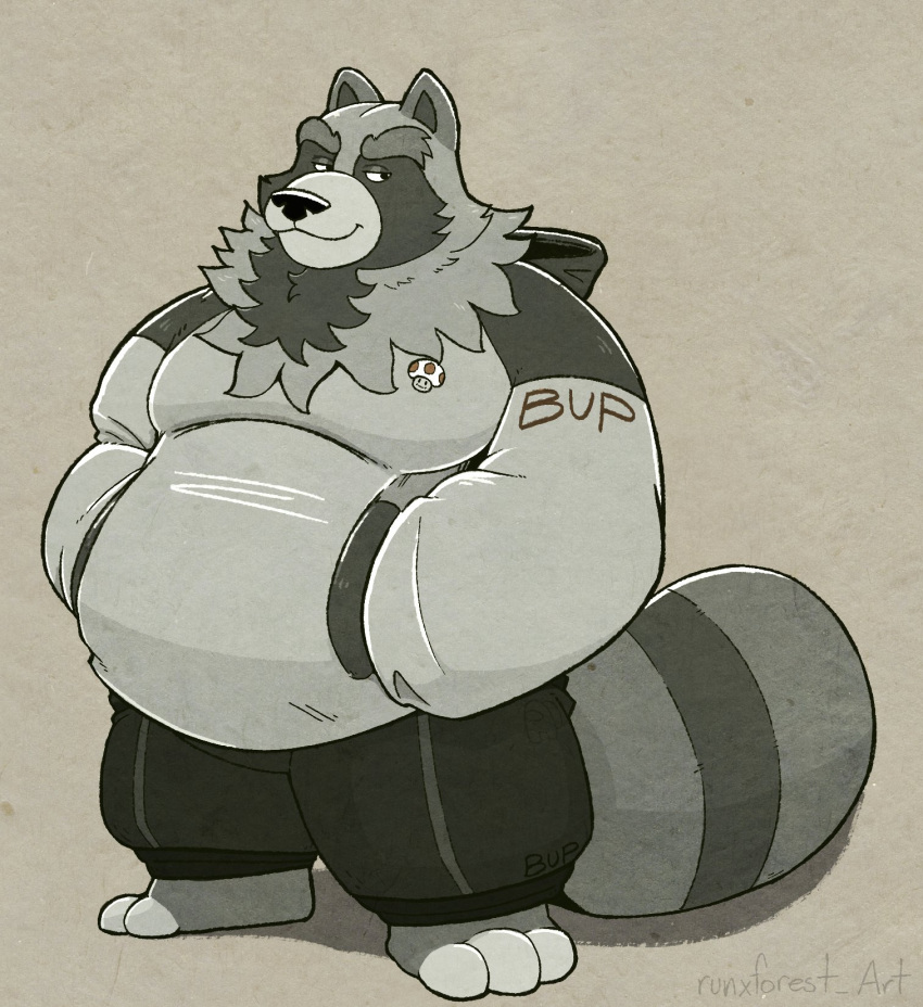 2022 anthro belly biped black_nose bottomwear canid canine clothing hi_res hoodie male mammal overweight overweight_male pants raccoon_dog runxforest simple_background solo tanuki topwear