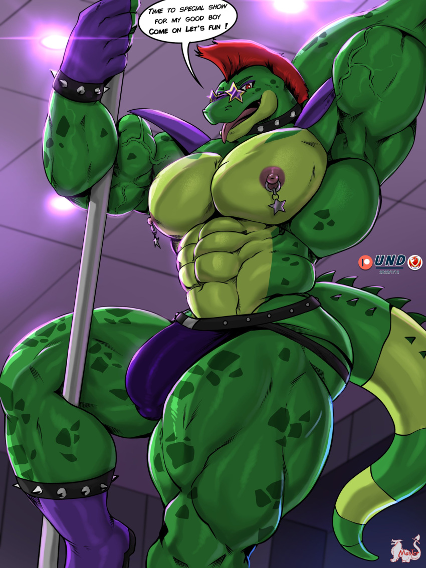 2022 abs absurd_res alligator alligatorid anthro biceps big_bulge big_muscles boots bracelet bulge clothing crocodilian dancing dialogue english_text eyebrows eyewear facial_markings fingerless_gloves five_nights_at_freddy's five_nights_at_freddy's:_security_breach footwear genital_outline gloves hair handwear head_markings hi_res huge_muscles huge_thighs inside jewelry jockstrap legband looking_at_viewer male markings masterelrest mohawk montgomery_gator_(fnaf) muscular muscular_anthro muscular_male navel nipple_piercing nipple_ring nipples non-mammal_nipples obliques open_mouth open_smile pecs penis_outline piercing pole pole_dancing quads reptile scalie scottgames smile solo spiked_bracelet spiked_legband spikes stripper_pole sunglasses talking_to_viewer text thick_thighs tongue tongue_out underwear vein veiny_muscles video_games