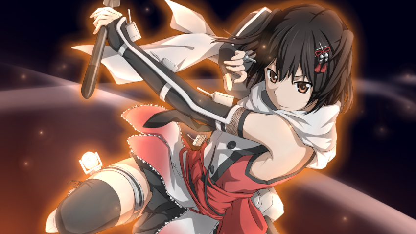 1girl armpits bangs bare_shoulders black_background black_gloves black_hair black_legwear black_skirt brown_eyes buttons closed_mouth commentary curled_fingers double-breasted dress elbow_gloves fingerless_gloves fishnets floating_scarf gloves glowing hair_between_eyes hair_ornament holding holding_torpedo jumping kantai_collection looking_at_viewer pleated_skirt prbili red_dress scarf searchlight sendai_(kancolle) sendai_kai_ni_(kancolle) short_hair skirt smile solo tales_of_(series) tales_of_xillia tales_of_xillia_2 thighhighs torpedo torpedo_launcher turret two_side_up white_scarf