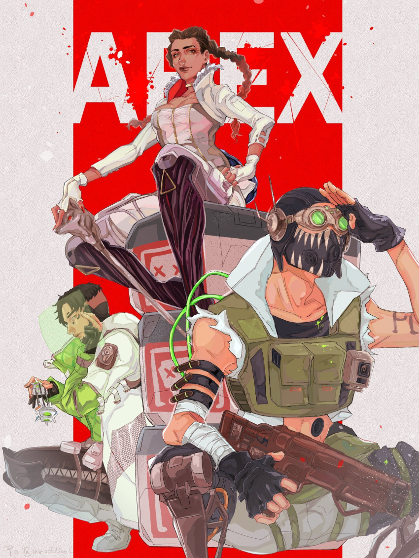1girl 2boys apex_legends aro_(vexen) assault_rifle black_footwear black_gloves black_hair black_headwear boots braid breasts brown_eyes brown_hair cable collarbone corset cropped_vest crypto_(apex_legends) death_box_(apex_legends) energy_gun eyeshadow fingerless_gloves floating_hair gloves goggles gradient_hair green_vest grey_gloves gun havoc_energy_rifle highres holding holding_gun holding_staff holding_weapon holographic_interface jacket knee_boots loba_(apex_legends) makeup mask mechanical_legs medium_breasts mouth_mask multicolored_hair multiple_boys octane_(apex_legends) pants red_eyeshadow red_hair red_nails rifle sitting smile staff twin_braids vest weapon white_gloves white_jacket white_pants