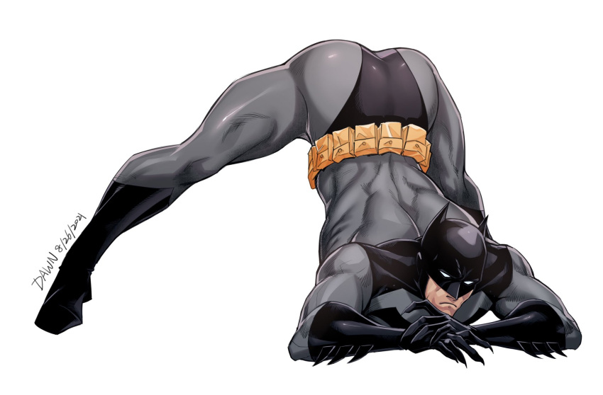 1boy akira_1611 arched_back arm_rest ass bara batman batman_(series) belt black_gloves bodysuit boots bruce_wayne closed_mouth dated dc_comics flexible full_body gloves grey_bodysuit hands_on_ground highres jack-o'_challenge legs_apart looking_at_viewer male_focus mask meme muscular muscular_male pose solo spread_legs stretch superhero top-down_bottom-up white_background wide_spread_legs