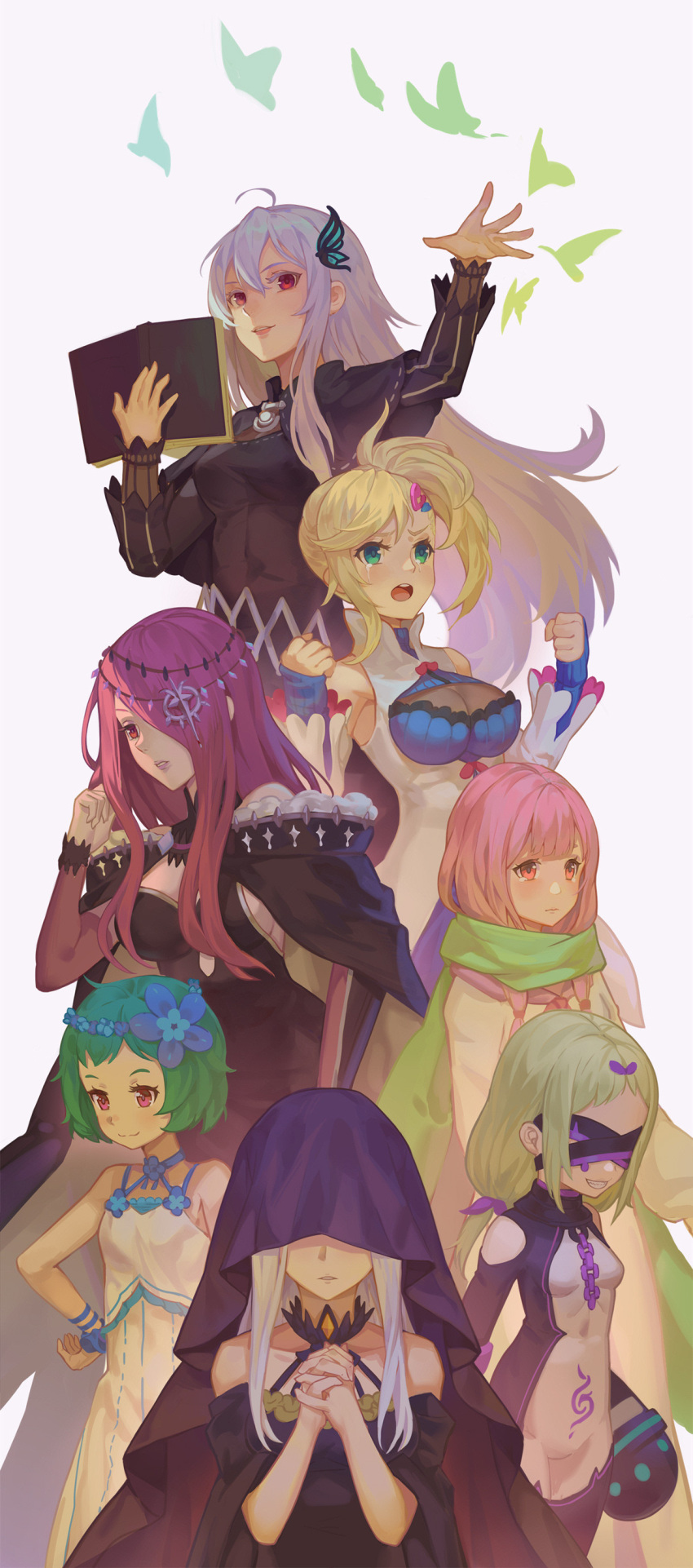 6+girls absurdres bangs bare_shoulders black_dress blindfold blonde_hair blunt_bangs book breasts broken broken_chain butterfly_hair_ornament carmilla_(re:zero) chain cleavage clenched_hands closed_mouth commentary covered_eyes crying daphne_(re:zero) detached_sleeves dress echidna_(re:zero) flower green_eyes green_hair green_neckwear grey_background grin hair_flower hair_ornament hair_over_one_eye hand_on_hip head_wreath heart heart_hair_ornament hidden_eyes highres holding holding_book jolker long_hair long_sleeves looking_at_viewer looking_to_the_side medium_breasts minerva_(re:zero) multiple_girls open_mouth own_hands_clasped own_hands_together parted_bangs pink_hair re:zero_kara_hajimeru_isekai_seikatsu red_eyes satella_(re:zero) scarf see-through sekhmet_(re:zero) short_hair side_ponytail sidelocks simple_background sleeveless sleeveless_dress smile spaghetti_strap swept_bangs tearing_up tears typhon_(re:zero) veil white_dress white_hair