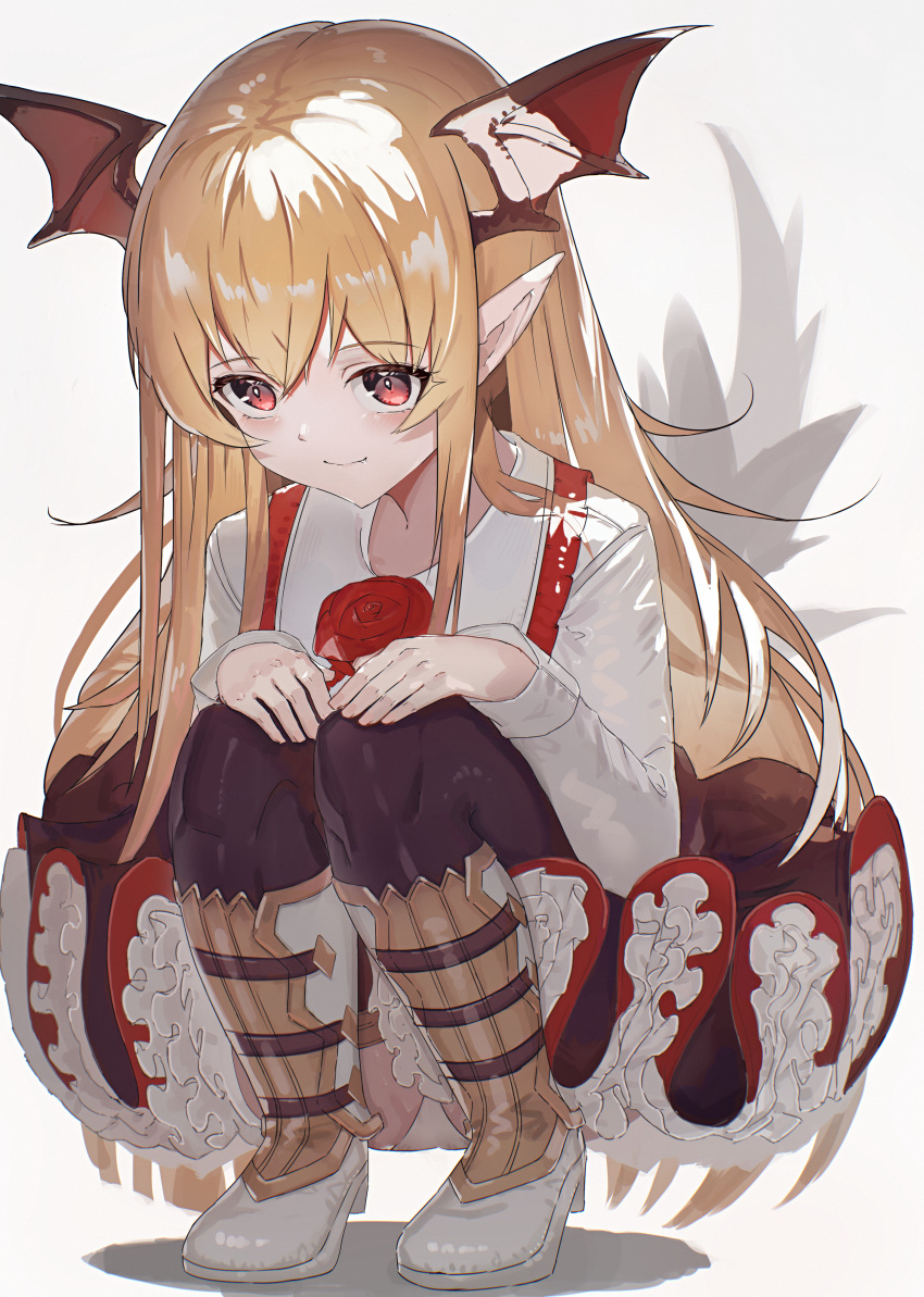 1girl absurdres bat_wings blonde_hair bright_pupils brown_legwear closed_mouth dress fang flower frilled_dress frills grey_background hair_between_eyes hand_on_own_knee head_wings highres long_hair pink_eyes pointy_ears red_flower red_rose rose ryes_8 shingeki_no_bahamut simple_background smile solo squatting tail thighhighs vampire vampy white_footwear white_pupils wings