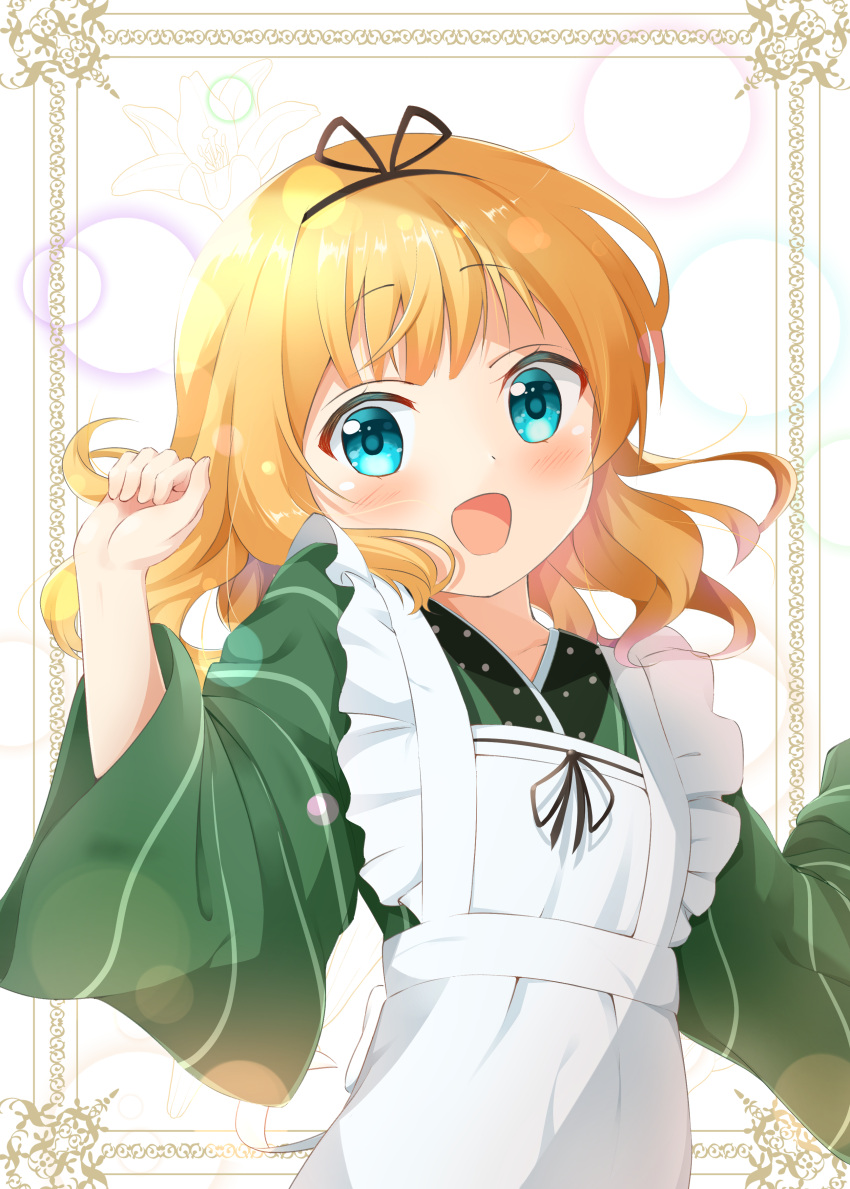 1girl :d absurdres ama_usa_an_uniform apron black_hairband black_ribbon blonde_hair blue_eyes blush bow_hairband cosplay frilled_apron frills gochuumon_wa_usagi_desu_ka? green_kimono hair_ribbon hairband highres japanese_clothes kimono kirima_sharo maid_apron mika_miche open_mouth ribbon short_hair smile solo striped striped_kimono ujimatsu_chiya ujimatsu_chiya_(cosplay) vertical-striped_kimono vertical_stripes w_arms wa_maid wavy_hair white_apron wide_sleeves