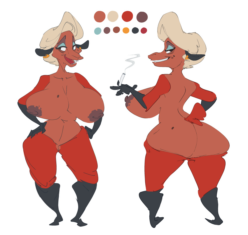 absurd_res anthro areola beauty_mark big_breasts big_butt biped bovid breasts brown_areola brown_nipples buckteeth butt caprine cigarette ear_piercing elderly_anthro elderly_female female fur genitals hair half-closed_eyes hand_on_hip hands_on_hips helbaa_(smutbooru) hi_res huge_breasts looking_at_viewer looking_back mammal markings mature_anthro mature_female model_sheet mole_(marking) narrowed_eyes nipples nude old piercing pussy rear_view red_body red_fur red_wool sheep smoke smoking smutbooru solo standing teeth thick_thighs white_hair wide_hips wool_(fur)