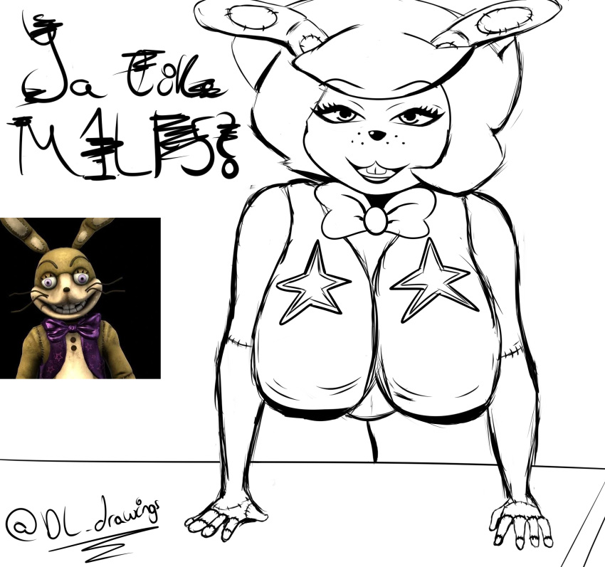 anthro bent_over big_breasts bow_tie breasts clothed clothing desesperadoleon female five_nights_at_freddy's five_nights_at_freddy's_vr:help_wanted glitchtrap hair hi_res lagomorph leporid lips lipstick makeup mammal mature_female open_mouth rabbit scottgames solo stitch_(disambiguation) thick_thighs video_games