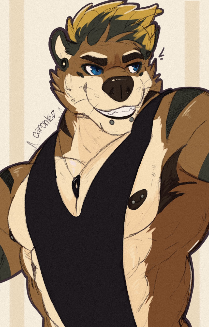 2021 anthro black_body black_fur black_hair black_nipples black_nose blonde_hair blue_eyes brown_body brown_fur canid canine canis chin_piercing domestic_dog ear_piercing eyebrows fur grin hair hi_res hybrid jewelry kiasano kyo_(kiasano) licantrox lutrine male mammal multicolored_hair muscular muscular_anthro muscular_male mustelid necklace nipple_piercing nipples piercing smile solo striped_body striped_fur stripes tan_body tan_fur thick_eyebrows two_tone_hair whiskers