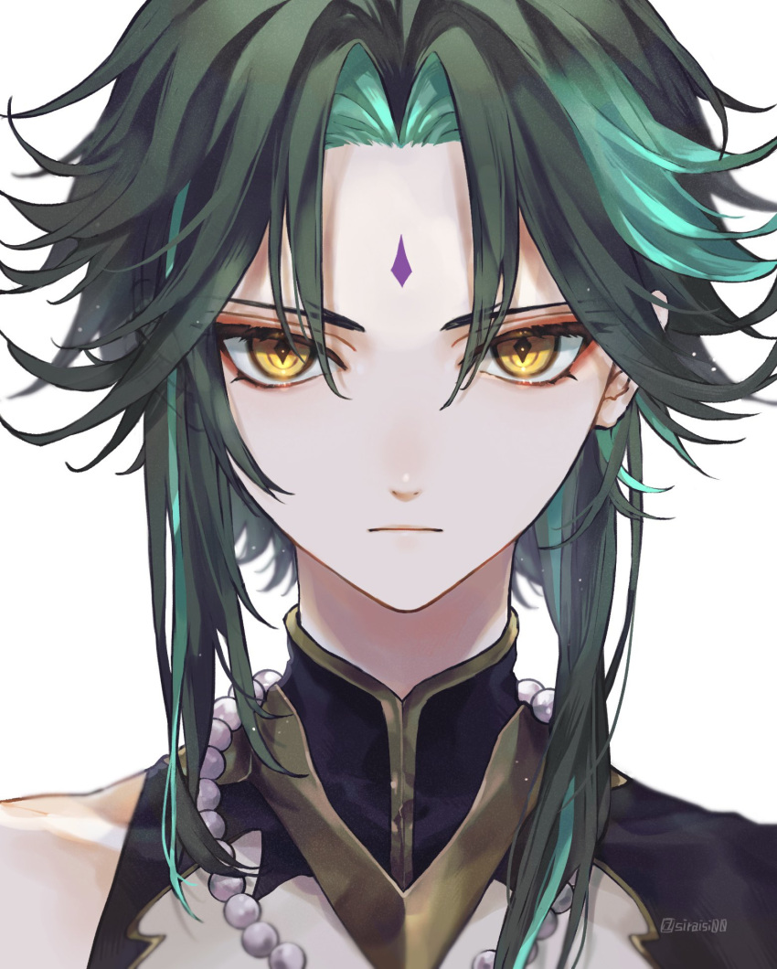 1boy aqua_hair bangs bead_necklace beads black_hair closed_mouth eyeshadow genshin_impact gradient_hair green_hair highres jewelry looking_at_viewer makeup male_focus multicolored_hair necklace portrait red_eyeshadow shiraishi_(siraisi00) simple_background solo twitter_username white_background xiao_(genshin_impact) yellow_eyes