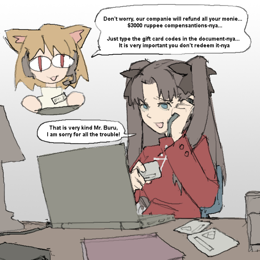 2girls :3 :d blonde_hair blue_eyes book brown_hair card chibi commentary computer credit_card desk desk_lamp english_commentary english_text fate/stay_night fate_(series) furrowed_brow grey_background hair_ribbon headset highres holding holding_card holding_phone indian inset lamp laptop long_hair looking_at_viewer multiple_girls name_tag neco-arc pantsu-ripper phone red_eyes red_sweater ribbon scam simple_background sitting sketch slit_pupils smile sweater tech_support tohsaka_rin tsukihime turtleneck turtleneck_sweater two_side_up upper_body