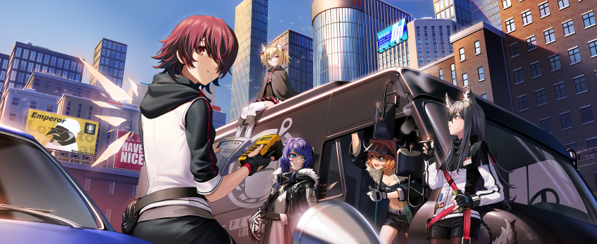 5girls :d animal_ear_fluff animal_ears arknights arm_up bangs billboard black_cloak black_gloves black_hair black_jacket black_shorts black_skirt black_sleeves black_tank_top blonde_hair blue_eyes blue_hair blue_sky breasts building can car cigarette city cleavage cloak closed_mouth cloud collarbone cow_horns cowboy_shot croissant_(arknights) crop_top day demon_horns detached_wings energy_wings exusiai_(arknights) eyebrows_behind_hair fingerless_gloves full_body fur-trimmed_jacket fur_trim gloves green_eyes ground_vehicle hair_between_eyes hair_over_one_eye highres holding holding_can holding_cigarette holding_paper hood hood_down hooded_jacket horns jacket long_hair long_sleeves looking_at_viewer looking_to_the_side looking_up masin0201 midriff mostima_(arknights) motor_vehicle multiple_girls navel open_clothes open_jacket open_mouth orange_hair outdoors paper penguin_logistics_(arknights) penguin_logistics_logo pink_skirt pouch raglan_sleeves red_eyes red_hair shadow shirt short_hair short_shorts short_sleeves shorts sidelocks sitting skirt sky skyscraper smile smoke sora_(arknights) standing tail tank_top texas_(arknights) the_emperor_(arknights) twintails van visor white_gloves white_jacket white_shirt wings wolf_ears wolf_girl wolf_tail