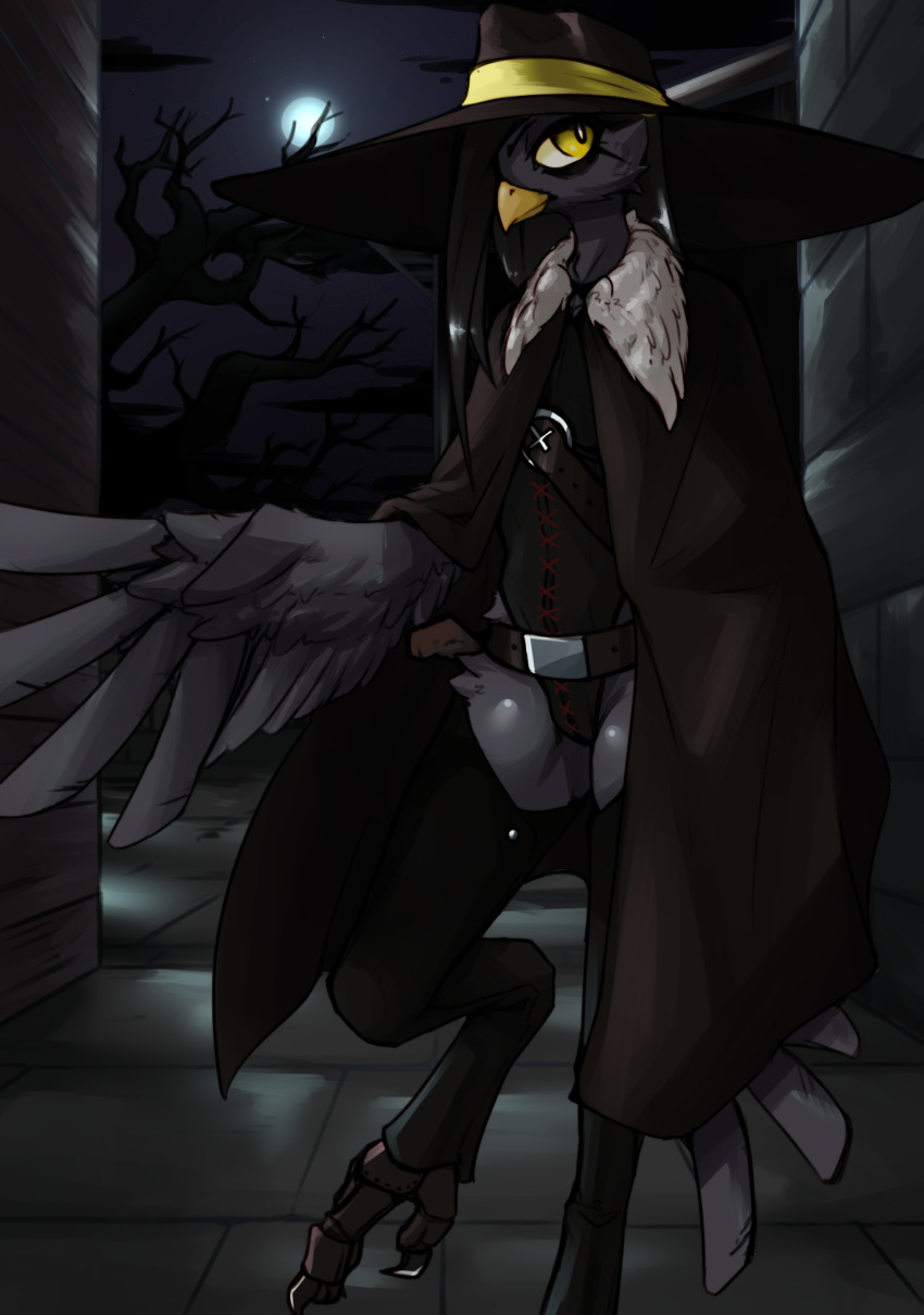 4_toes anisodactyl anthro avian beak bird bird_feet chaps cloak clothed clothing corvid corvus_(genus) crow father_hill feathered_wings feathers feet hair hat headgear headwear hi_res hill_(father_hill) male oscine passerine solo toes wings