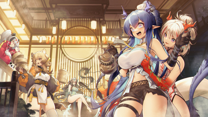 5girls absurdres animal_ear_fluff animal_ears architecture arknights bamboo_steamer bangs baozi bare_legs bare_shoulders barefoot bear_ears black_gloves black_hair black_shorts blue_hair blue_skin blush boots braid breasts brown_hair ceiling_light china_dress chinese_clothes chinese_commentary closed_eyes colored_skin commentary_request corset cowboy_shot crossed_legs detached_collar dragon dragon_girl dragon_horns dragon_tail dress du_(arknights) dusk_(arknights) dusk_(everything_is_a_miracle)_(arknights) earrings east_asian_architecture eating elbow_gloves eyebrows_visible_through_hair eyewear_on_head feater_(arknights) feater_(gourmet)_(arknights) food food_theft fur_shawl gloves gourd gradient_hair gradient_skin green_dress hair_rings highres holding horns indoors ink jacket jewelry jiusan_naitan large_breasts ling_(arknights) long_hair long_sleeves looking_down multicolored_hair multiple_girls navel necktie nian_(arknights) nian_(unfettered_freedom)_(arknights) official_alternate_costume open_clothes open_jacket open_mouth panda pelvic_curtain pointy_ears ponytail puffy_long_sleeves puffy_sleeves purple_eyes red_hair red_jacket short_shorts shorts siblings sidelocks silver_hair sisters skindentation sleeveless sleeveless_dress strapless streaked_hair tail tape_measure tassel thigh_boots thighhighs thighs tiger_ears tiger_girl tiger_tail twintails two-tone_hair underbust v_arms very_long_hair white_dress white_legwear wide-eyed yellow_necktie