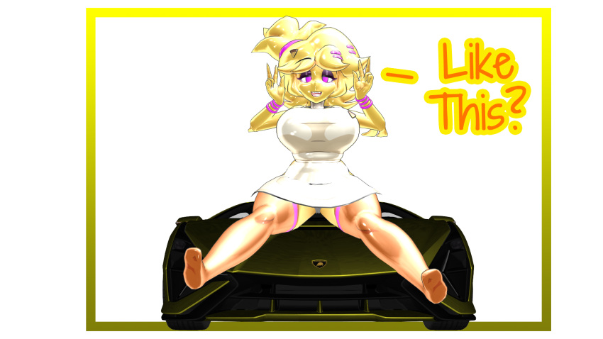 3d_(artwork) accessory anthro apron avian badge big_breasts bird breasts car chica_(cally3d) chica_(fnaf) chicken clothing dialogue digital_media_(artwork) eyeshadow feathers female five_nights_at_freddy's galliform gallus_(genus) gesture hair_accessory hairpin headlights hi_res lamborghini legwear looking_at_viewer makeup orange_clothing orange_legwear orange_stockings phasianid pink_eyes pink_hairband pink_wristband prykez scottgames smile solo spread_legs spreading stockings tire v_sign vehicle video_games yellow_body yellow_feathers