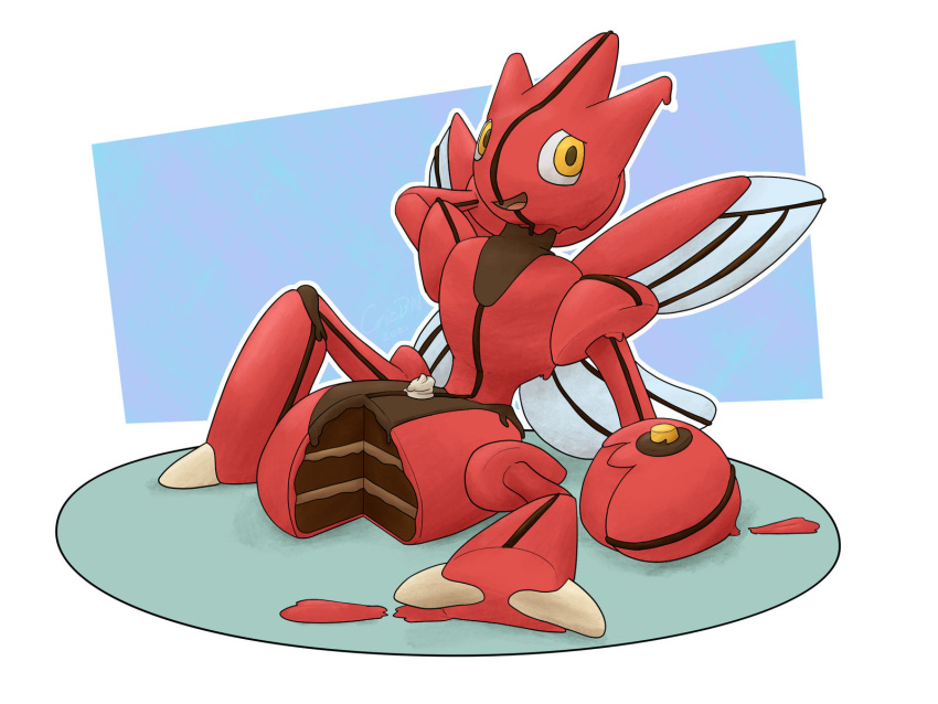 2_toes ambiguous_gender body_horror cake candy_gore crizbn dessert feet feral food food_creature frosting hand_behind_head hi_res looking_at_viewer meme multicolored_body nintendo open_mouth pok&eacute;mon pok&eacute;mon_(species) red_body scizor simple_background solo these_are_all_cakes toes tongue two_tone_body video_games white_background yellow_eyes