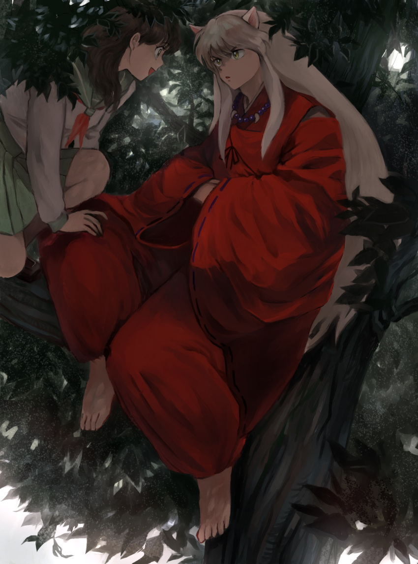 1boy 1girl animal_ears bangs barefoot black_eyes black_hair branch crossed_arms dog_ears green_skirt highres higurashi_kagome in_tree inuyasha inuyasha_(character) japanese_clothes jewelry kimono long_hair long_sleeves looking_at_another necklace open_mouth red_kimono shirt sitting sitting_in_tree skirt snr_snr tree very_long_hair white_hair white_shirt wide_sleeves yellow_eyes