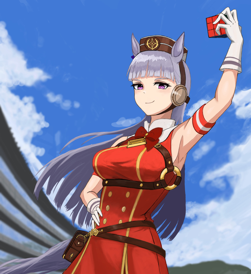 1girl absurdres animal_ears arm_up armband armpits bag bangs belt black_belt blue_sky blunt_bangs bow bowtie closed_mouth cloud cloudy_sky commentary day dress eyebrows_visible_through_hair gloves gold_ship_(umamusume) grey_hair hand_on_hip hat high_collar highres holding horse_ears horse_girl horse_tail kabochima long_hair looking_at_viewer outdoors pillbox_hat purple_eyes red_bow red_bowtie red_dress rubik's_cube satchel sky sleeveless sleeveless_dress smirk solo standing tail umamusume white_gloves