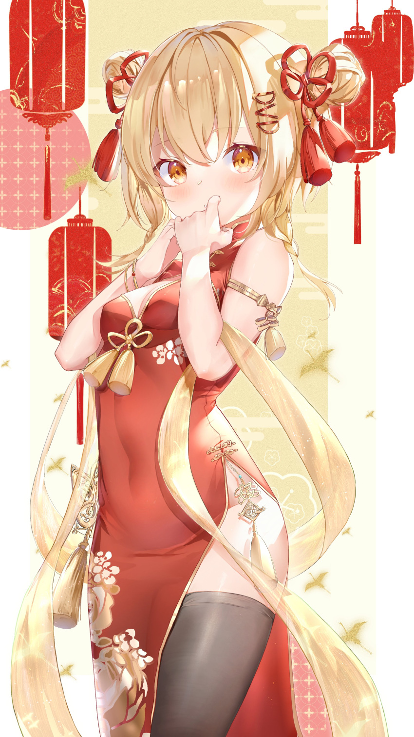 :o absurdres bare_shoulders blonde_hair blush breast_cutout breasts china_dress chinese_clothes chinese_new_year clothing_request dress dvd_(character) eyebrows_visible_through_hair gesture_request hair_ornament hair_ribbon hairclip hands_up highres lantern large_breasts lims_(neko2lims) looking_at_viewer no_panties original paper_lantern red_ribbon ribbon simple_background sleeveless thighhighs tight tight_dress white_background wristband yellow_eyes zettai_ryouiki