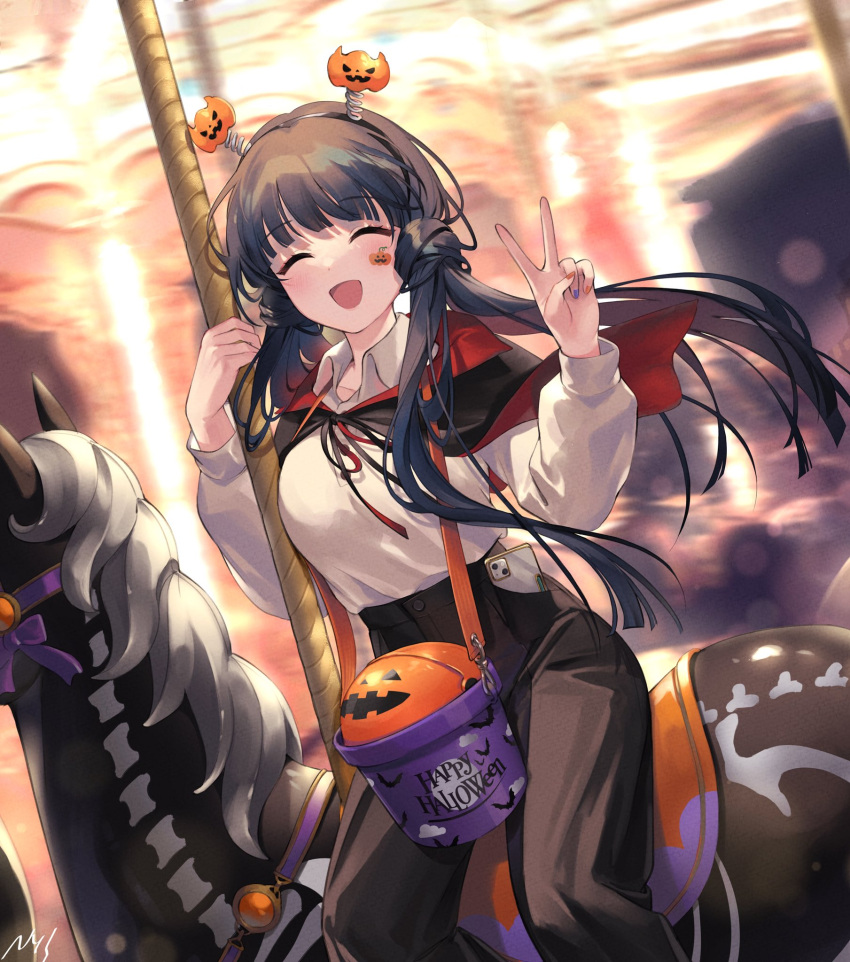 1girl bangs blurry capelet carousel closed_eyes collared_shirt dark_blue_hair eyebrows_visible_through_hair facing_viewer floating_hair hairband halloween hands_up highres horseback_riding idolmaster idolmaster_million_live! idolmaster_million_live!_theater_days kitakami_reika long_hair low_twintails nys open_mouth pants riding shirt sidesaddle sitting smile solo twintails v