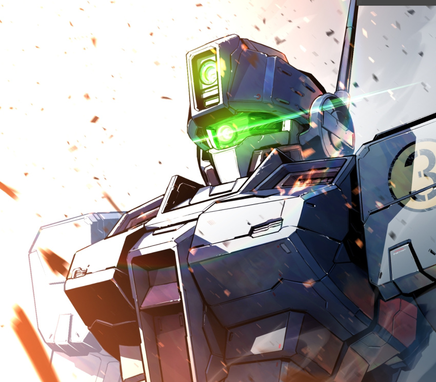 embers glowing glowing_eye gm_sniper_ii green_eyes gundam gundam_0080 highres kuri_giepi looking_down mecha mobile_suit one-eyed portrait radio_antenna science_fiction solo white_background